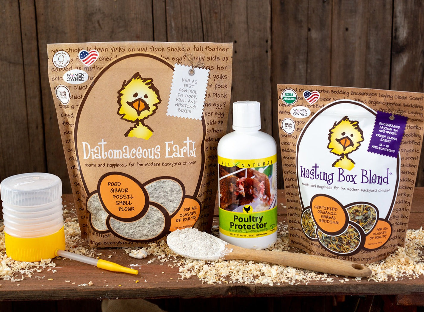 Don't Bug Me Bundle Don’t Bug Me Bundle Treats for Chickens. Nesting Box Blend + Food Grade Diatomaceous Earth. With Certified Organic Treats + Non-GMO Treats for Chickens treats, supplements, herbal nesting box blend, + poultry care + toys. Backyard Chicken Parents flock to Treats for Chickens to treat their pet chickens + poultry. Est 2009 by Dawn in Sonoma County, California, USA. TFC. Shop for Chicken Treats for Chickens.