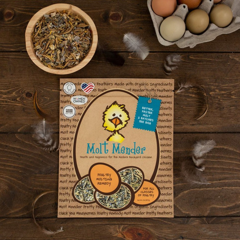 
                  
                    Molt Mender Poultry Molting Remedy. Organic Ingredients Supplement Treats for Chickens treats, supplements, herbal nesting box blend, + poultry care. Backyard Chicken Parents flock to Treats for Chickens to treat their pet chickens + poultry. Est 2009 by Dawn in Sonoma County, California, USA. TFC.
                  
                