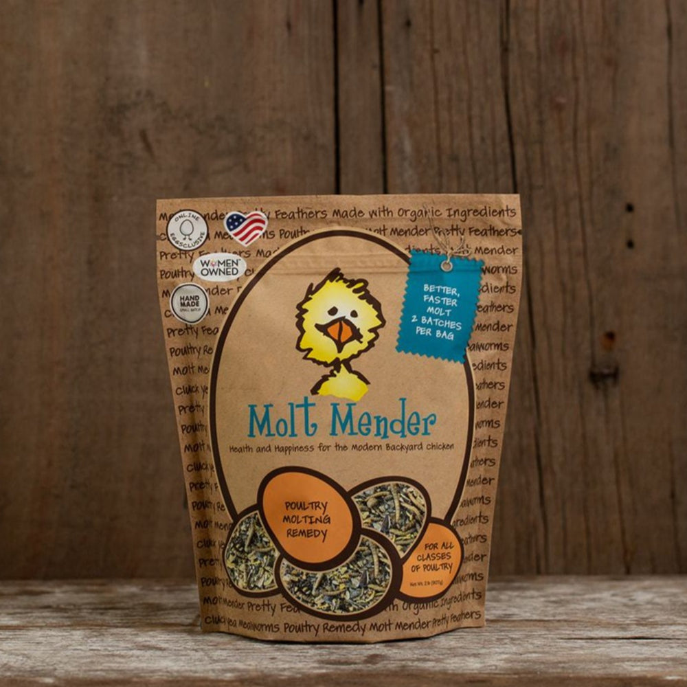 Molt Mender Poultry Molting Remedy. Organic Ingredients Supplement Treats for Chickens treats, supplements, herbal nesting box blend, + poultry care. Backyard Chicken Parents flock to Treats for Chickens to treat their pet chickens + poultry. Est 2009 by Dawn in Sonoma County, California, USA. TFC.