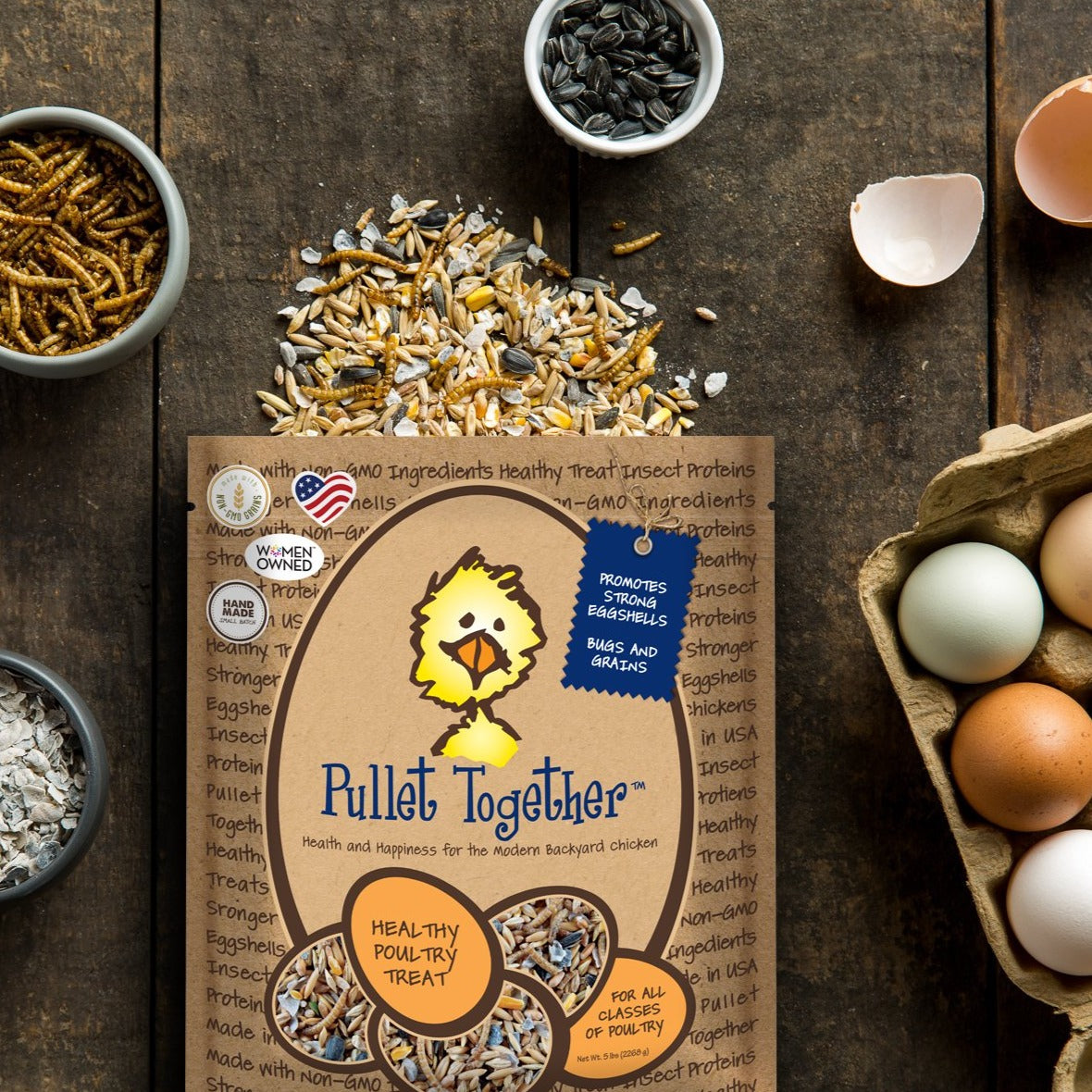 
                  
                    Open bag of Pullet Together. Organic Ingredients Treats for Chickens treats, supplements, herbal nesting box blend, + poultry care. Backyard Chicken Parents flock to Treats for Chickens to treat their pet chickens + poultry. Est 2009 by Dawn in Sonoma County, California, USA. TFC.
                  
                