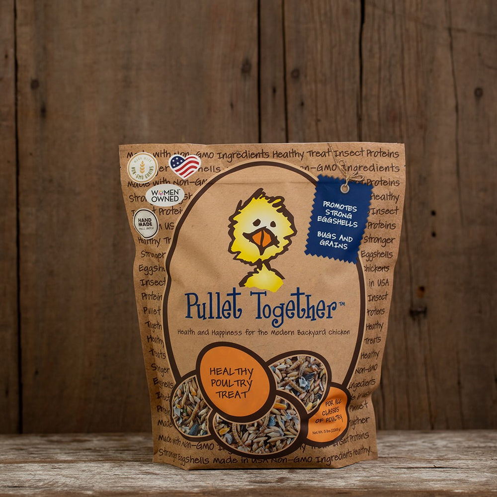 5 lbs of Pullet Together. Organic Ingredients Treats for Chickens treats, supplements, herbal nesting box blend, + poultry care. Backyard Chicken Parents flock to Treats for Chickens to treat their pet chickens + poultry. Est 2009 by Dawn in Sonoma County, California, USA. TFC.